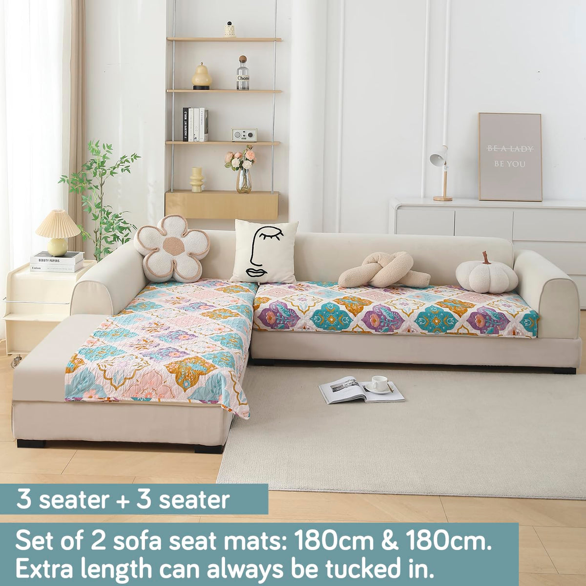 L Shape Sofa Cover Mat for 2+2/3+2/3+3 Seater, Quilted Printed Quatrefoil Multicolor