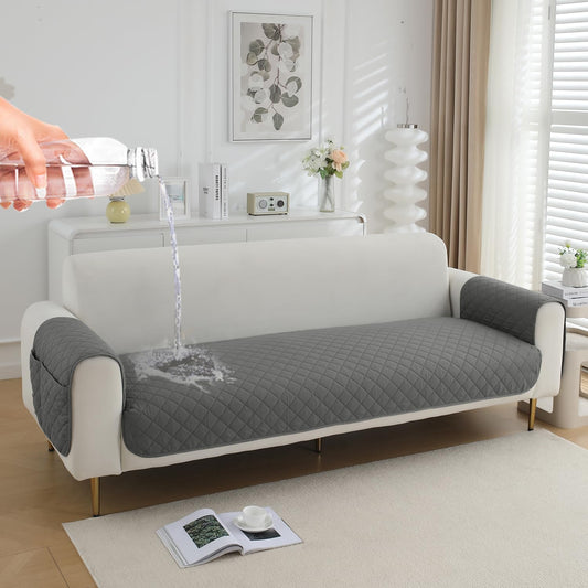 HOKIPO Quilted Waterproof Sofa Seat Mat with 2 Armrest Covers with Pockets, Light Grey