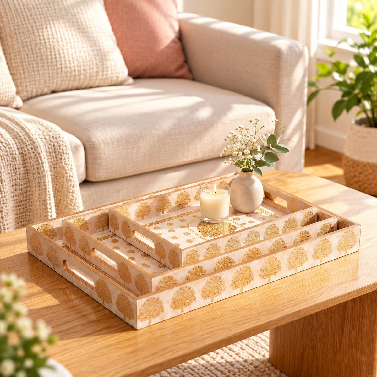 HOKIPO Serving Tray Set of 3, Engineered Wood, Indigo Flora - image 18