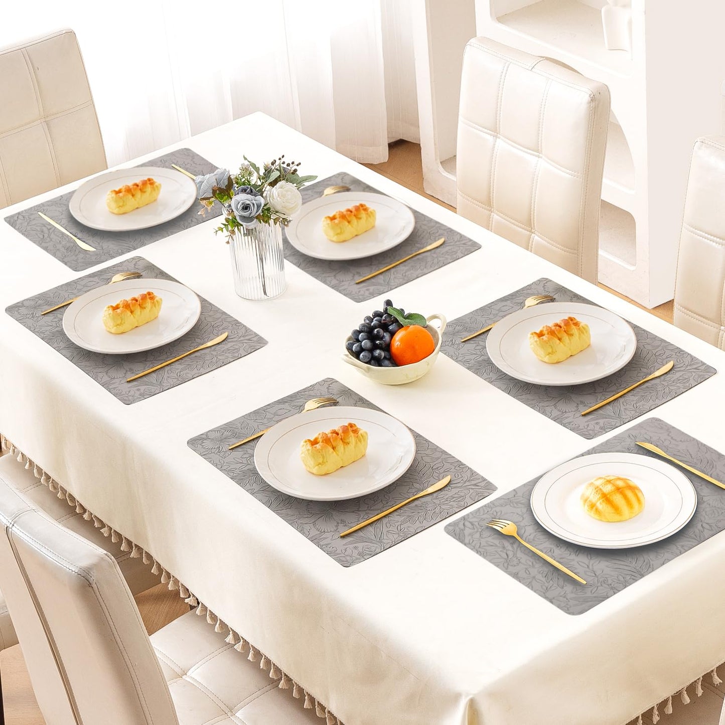 Hibiscus Bloom Washable Leather Mats for Dining Table - Stone Grey