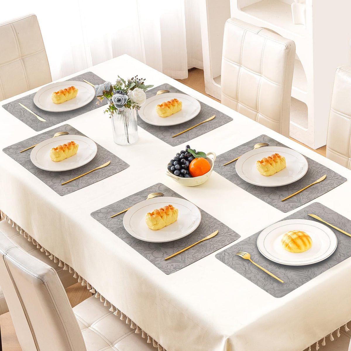 Hibiscus Bloom Washable Leather Mats for Dining Table - Stone Grey