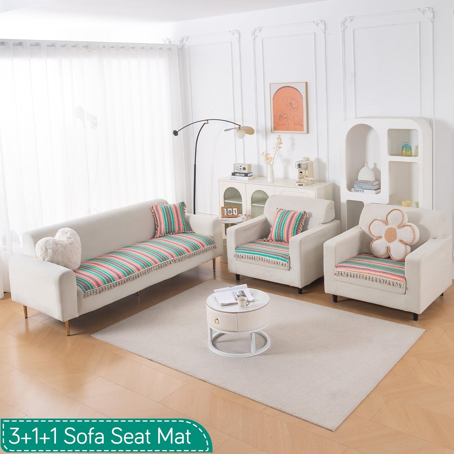 Artisan Boho 5-Seater Sofa Seat Mat with Tassels (3+1+1), Mint Green
