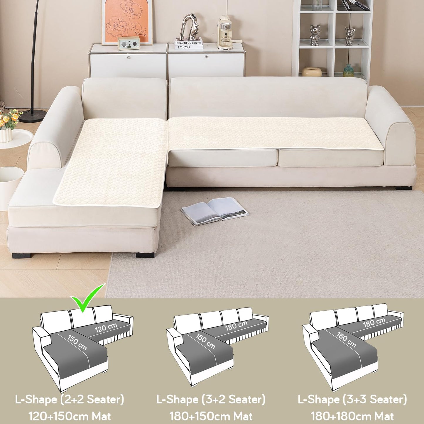 Diamond Plush Premium Quilted L Shape Sofa Cover Seat Mat, Cream