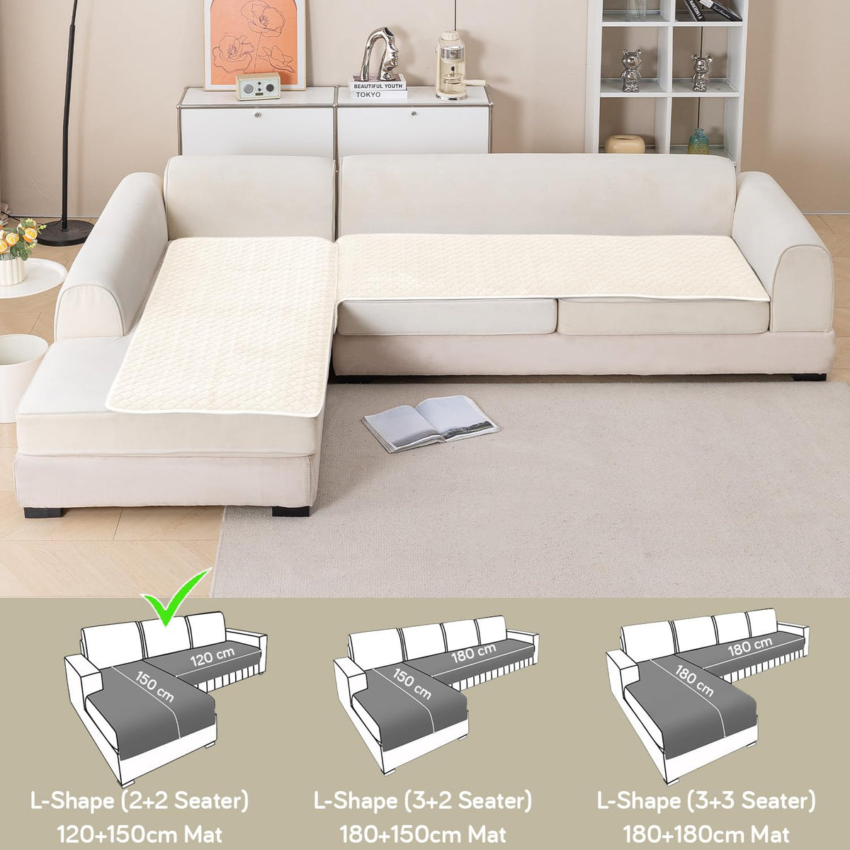 Diamond Plush Premium Quilted L Shape Sofa Cover Seat Mat, Cream