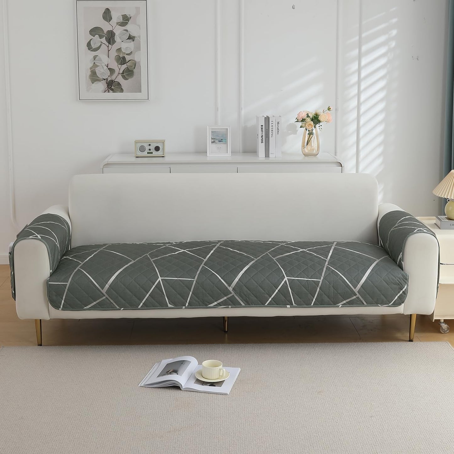 HOKIPO Quilted Waterproof Sofa Seat Mat with 2 Armrest Covers with Pockets, Abstract Geometric Shadow Grey
