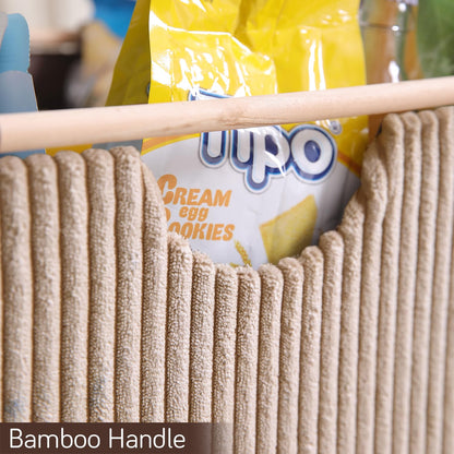 Premium Foldable Storage Bin with Wooden Handles | Corduroy Fabric Organizer Box for Wardrobe, Books, Clothes & Misc Items, Camel