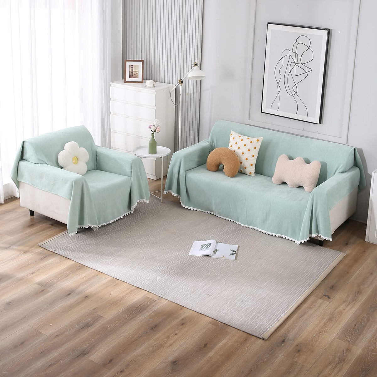 3+1 seater Mint colour chenille sofa throw set 
