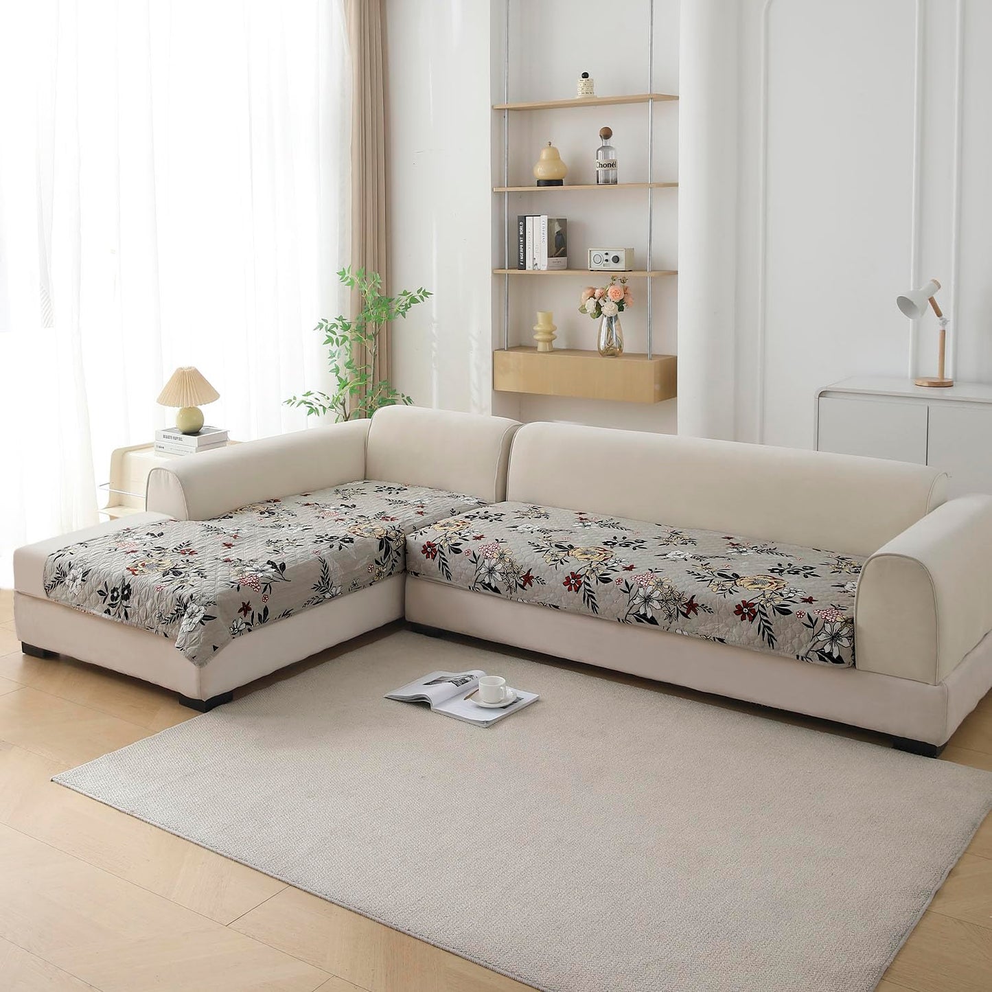 L Shape Sofa Cover Mat for 2+2/3+2/3+3 Seater, Quilted Printed Floral Ash Grey