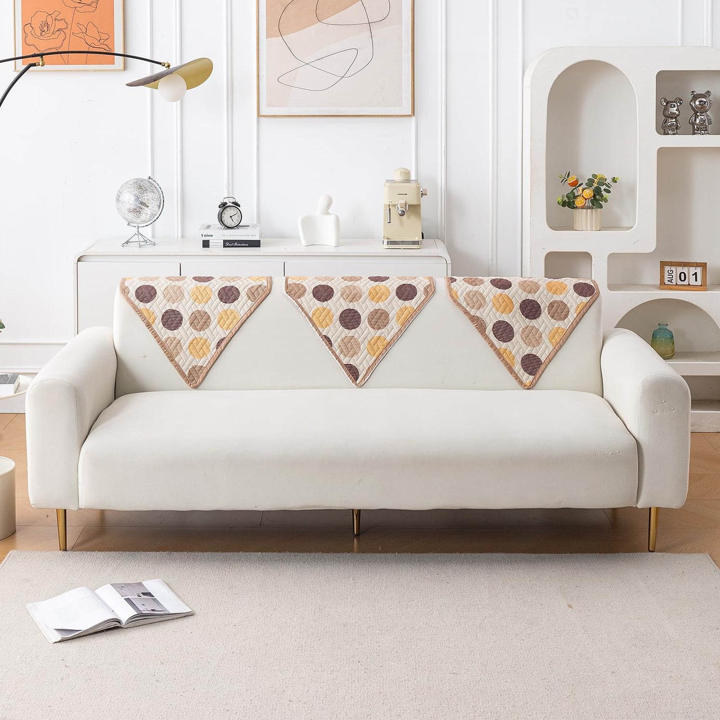 Printed Quilted Sofa Cover Mats, Brown Polka Dot