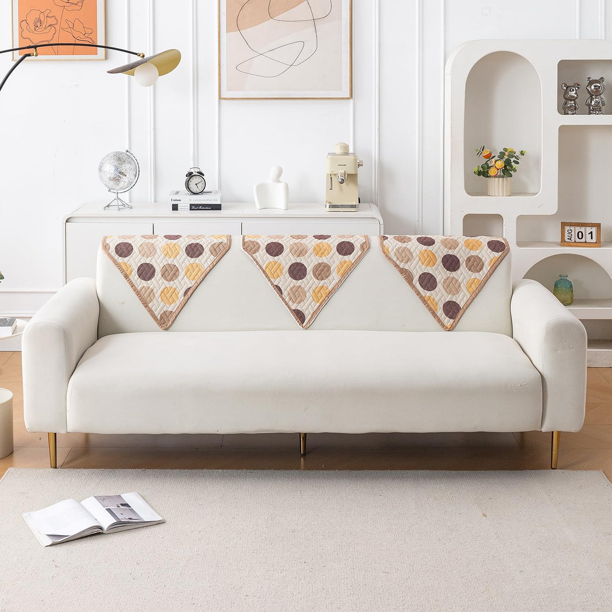 'Homehues' Printed Quilted Sofa Cover Mats, Brown Polka Dot