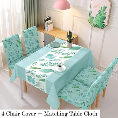 Polyester Dining Chair Covers Set of 4/6 with Matching Tablecloth, Varied Leaves Rhine Blue