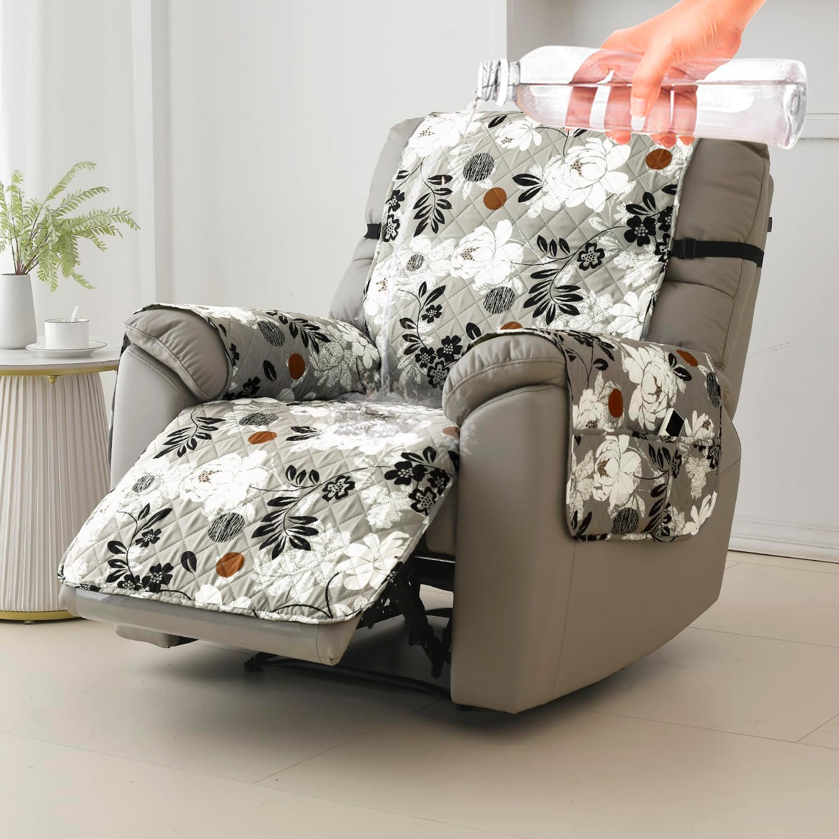 Water Repellent & Waterproof Quilted Recliner Sofa Cover for Small / Large - Feather Brown Floral