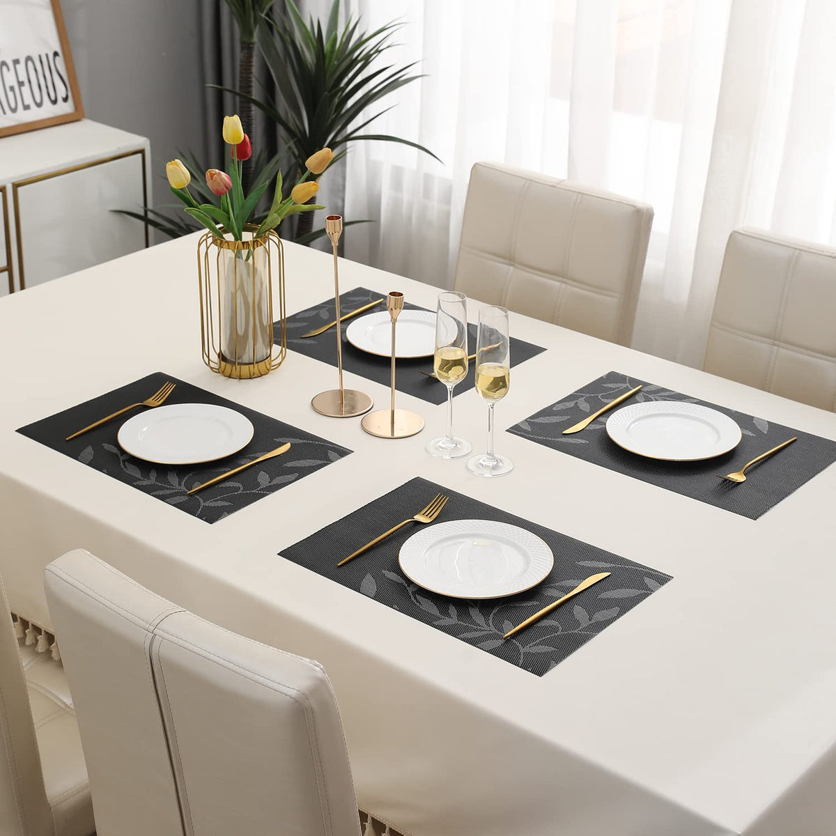 PVC Dining Table Mats, Black Leaves