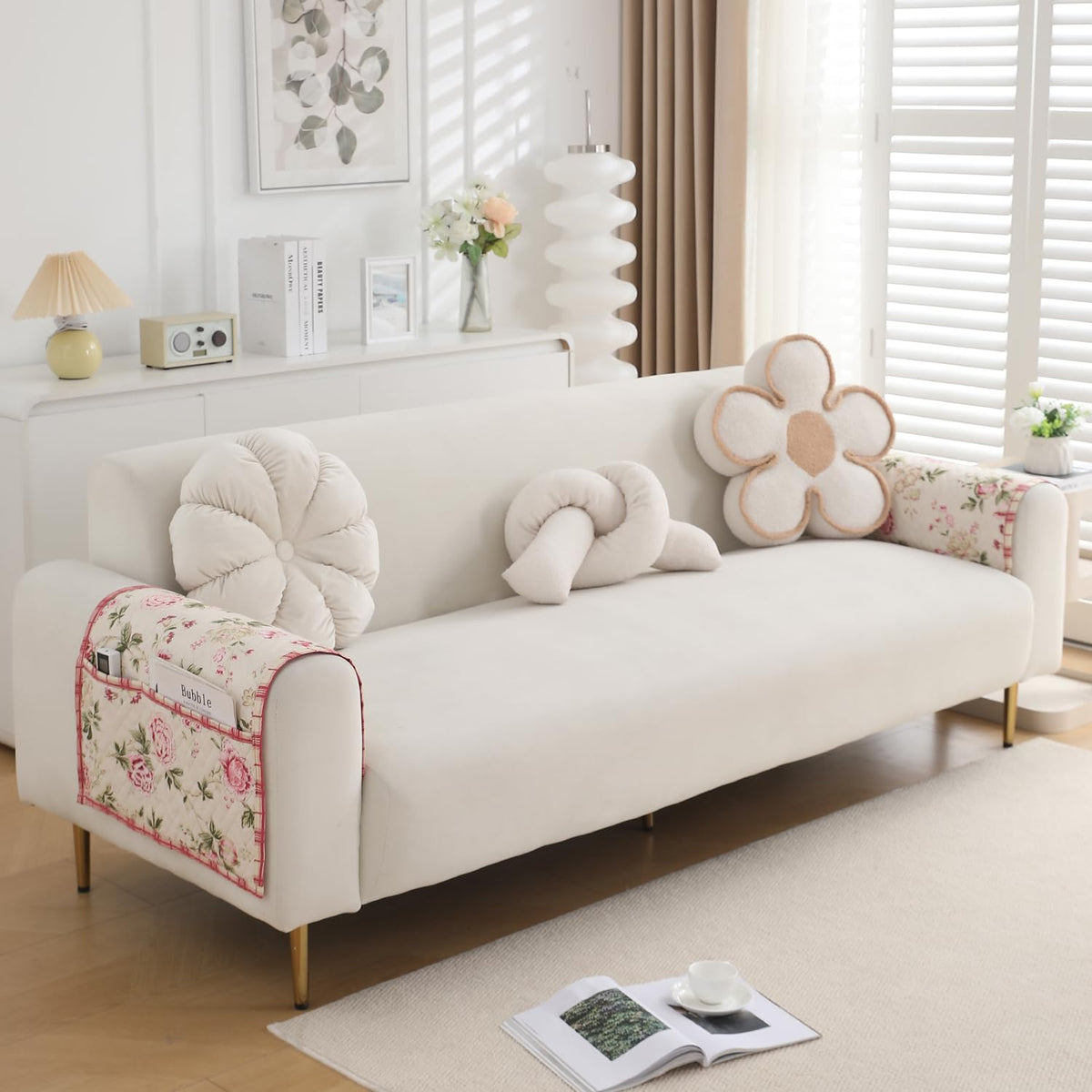 'Homehues' Printed Quilted Sofa Cover Mats, Beige Peonies