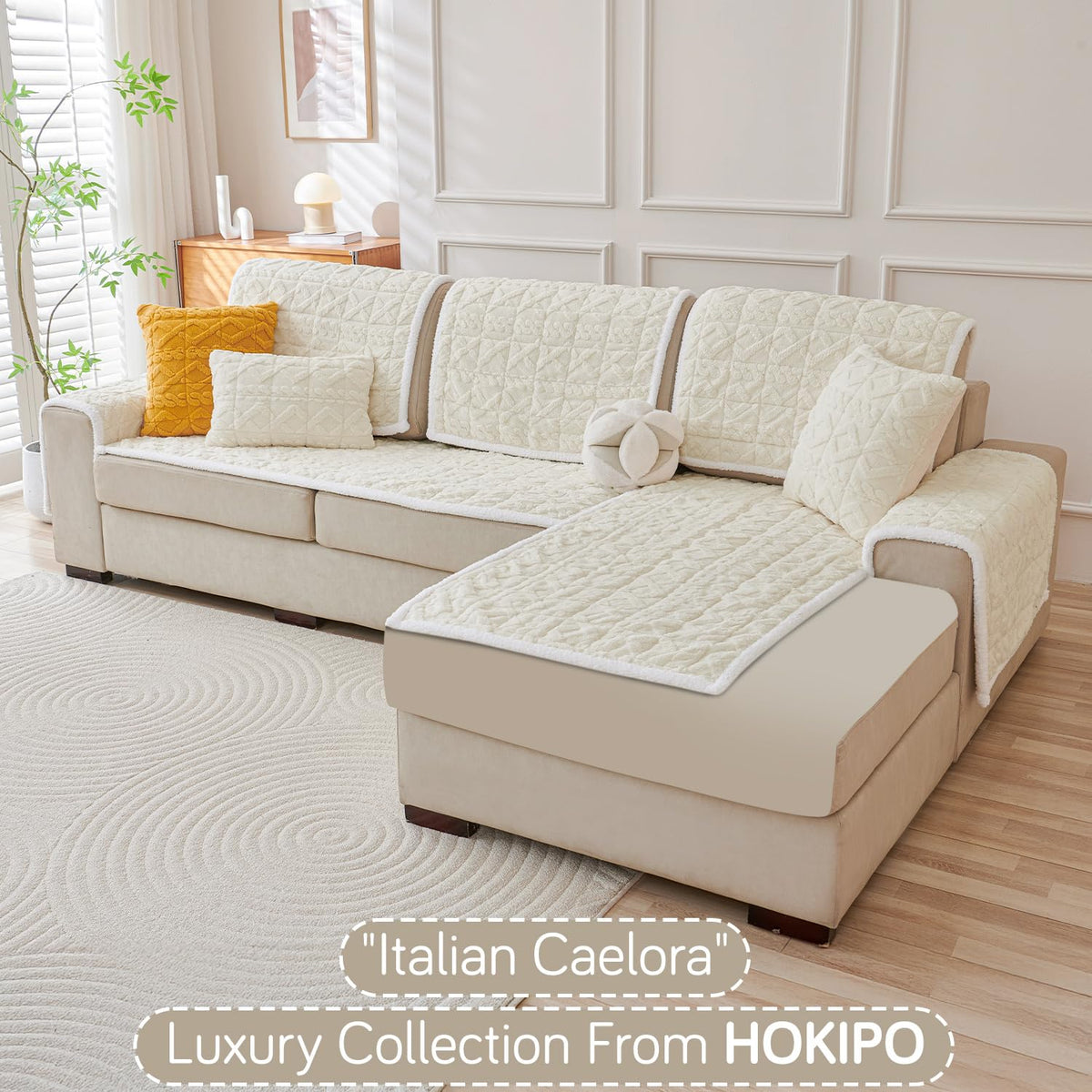 Italian Caelora Luxury Jacquard Plush L Shape Sofa Cover Seat Mat - Pearl White