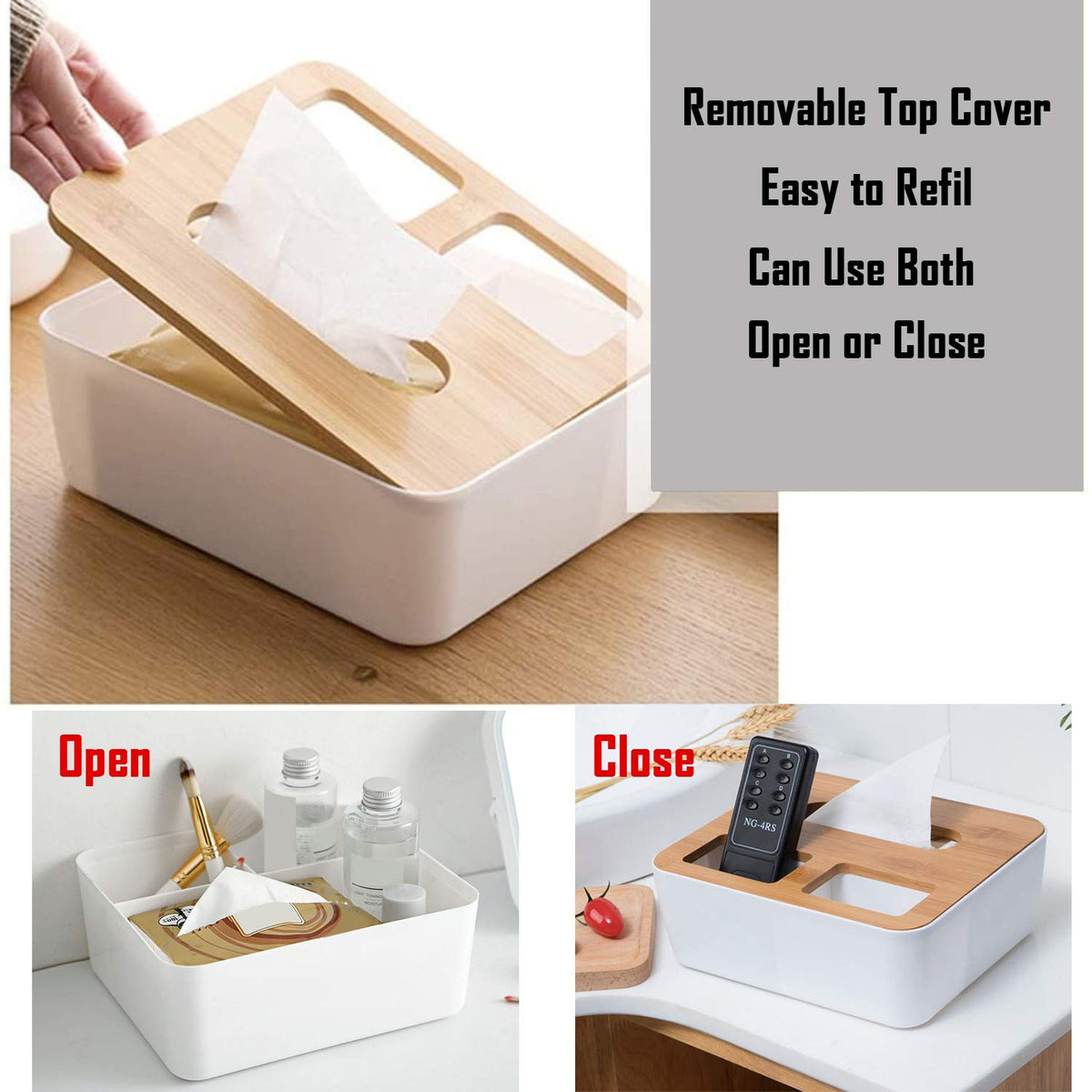 buy white tissue box with removable bamboo lid and open-close compartment use