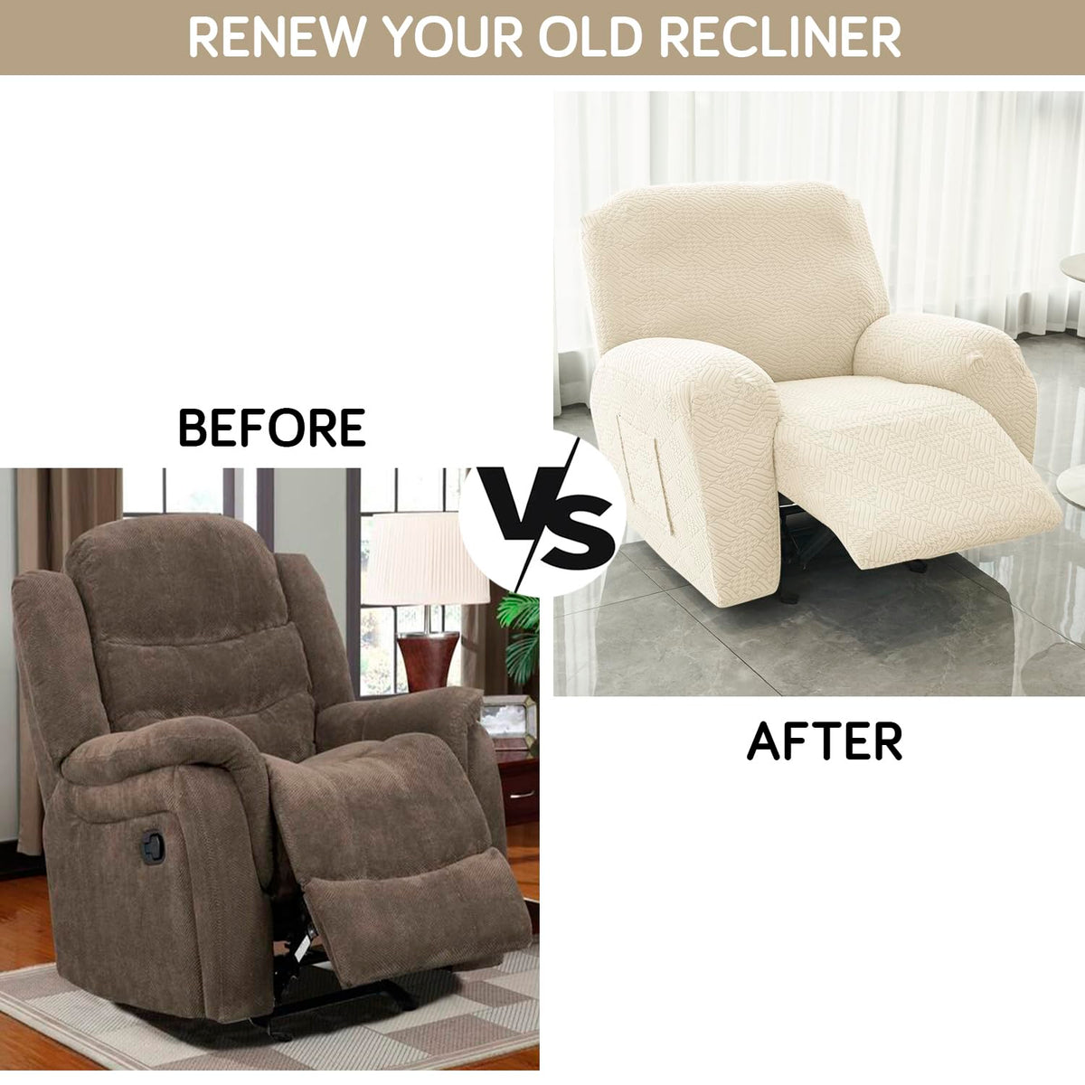Premium 170 GSM Jacquard Fully Covered Recliner Sofa Cover for 1/2/3 Seaters, Beige
