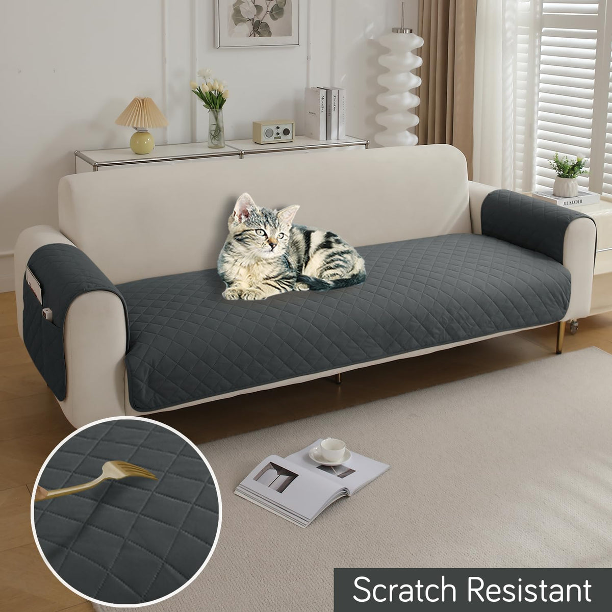 Quilted Waterproof Sofa Seat Mat for 1/2/3 Seater Sofa with 2 Armrest Covers with Pockets, Grey