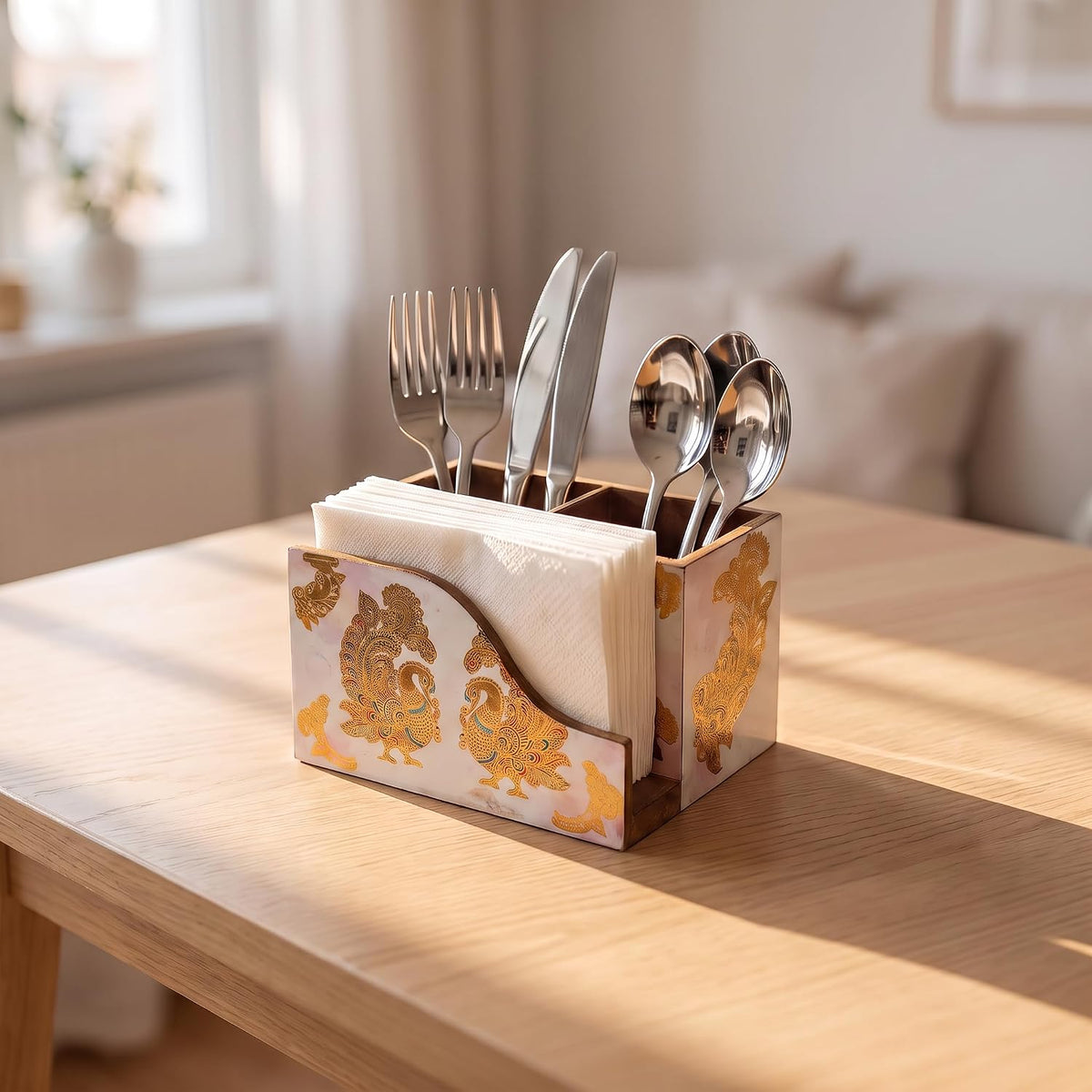 HOKIPO Cutlery Holder with Napkin Stand, Engineered Wood, Gulabi Mayurvan - image 11