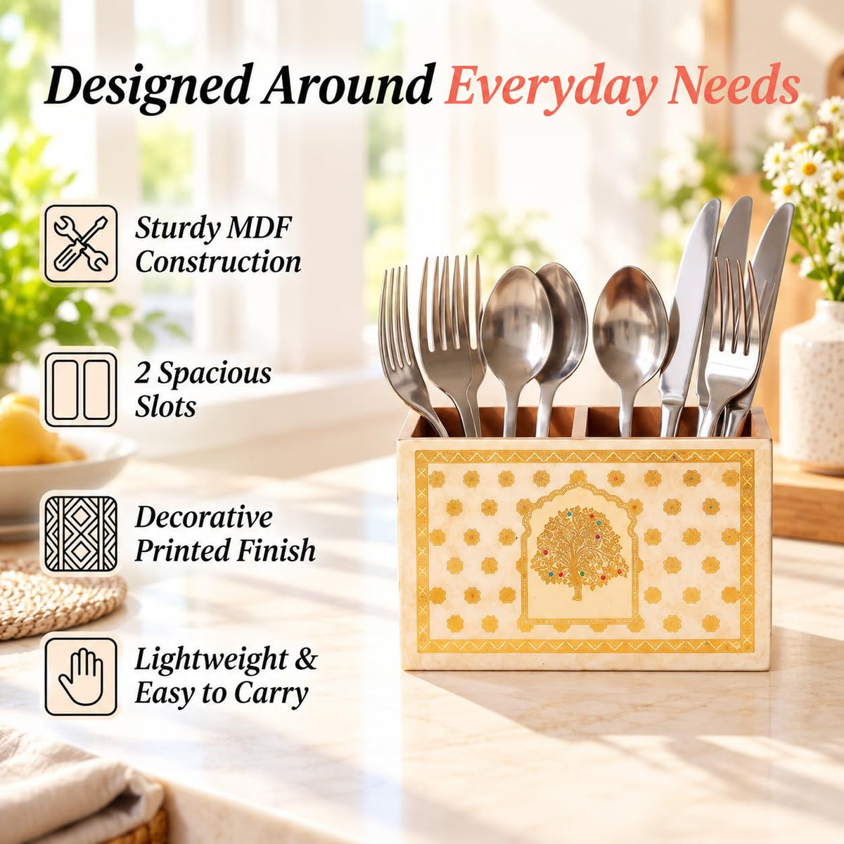 HOKIPO Cutlery Holder for Dining Table, Engineered Wood, Swarna Vriksha - image 8