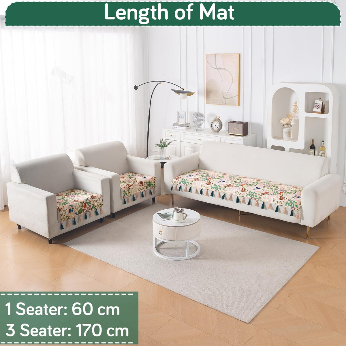 'Whispers of Nature' Series Holland Velvet Sofa Seat Mat with Tassel, Beige Woodland Bloom