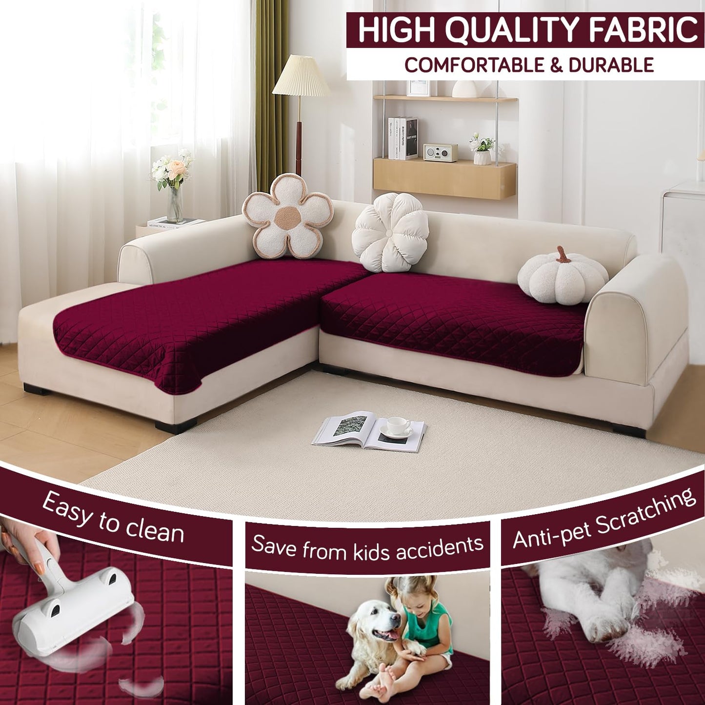 HOKIPO Waterproof Quilted Quick Dry L Shape Sofa Seat Cover Mat, Burgundy