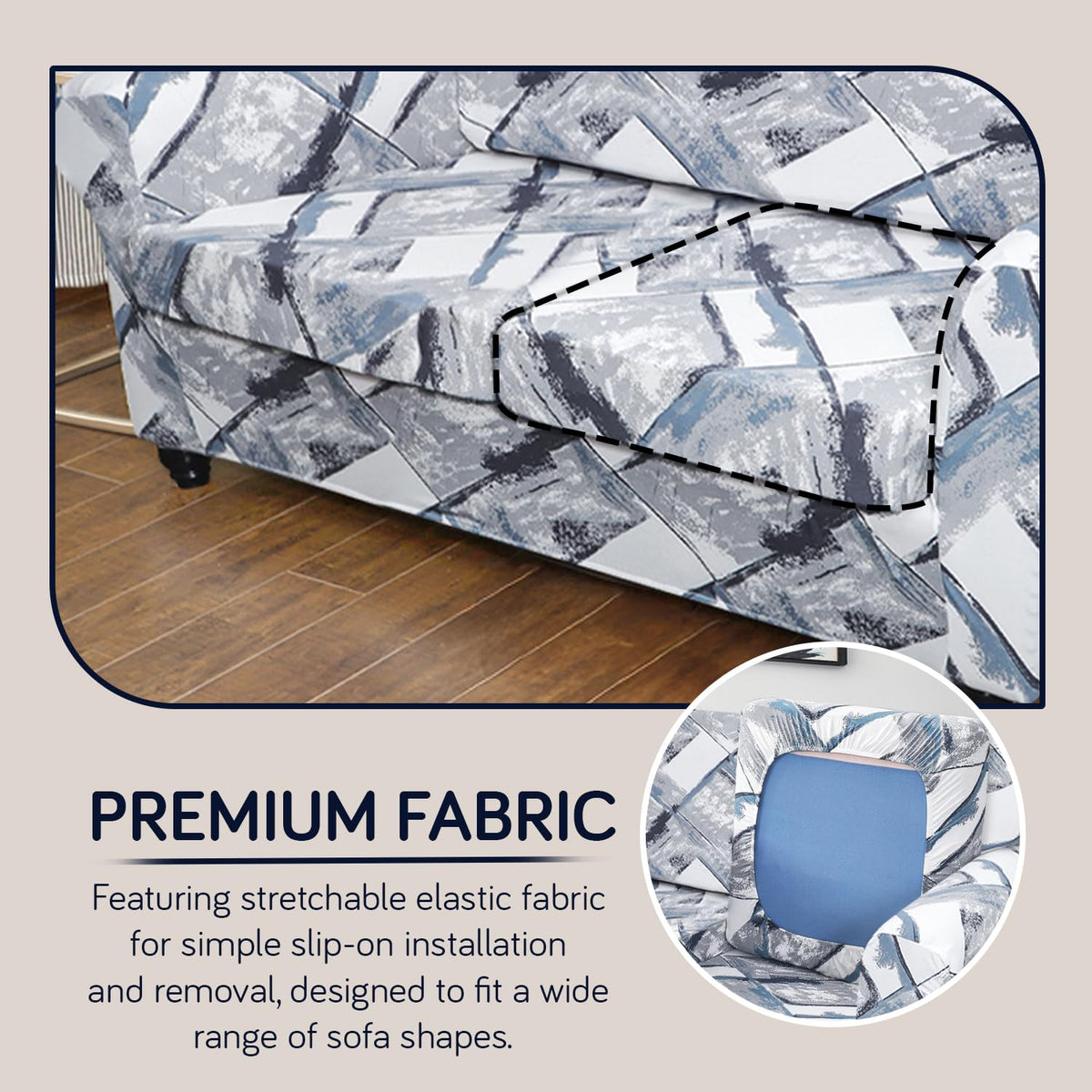 Printed Stretchable Sofa Slipcover with 1/2/3 Pc Separate Seat Cushion Cover for each 1/2/3 Seater, Graphite Glacier Grid