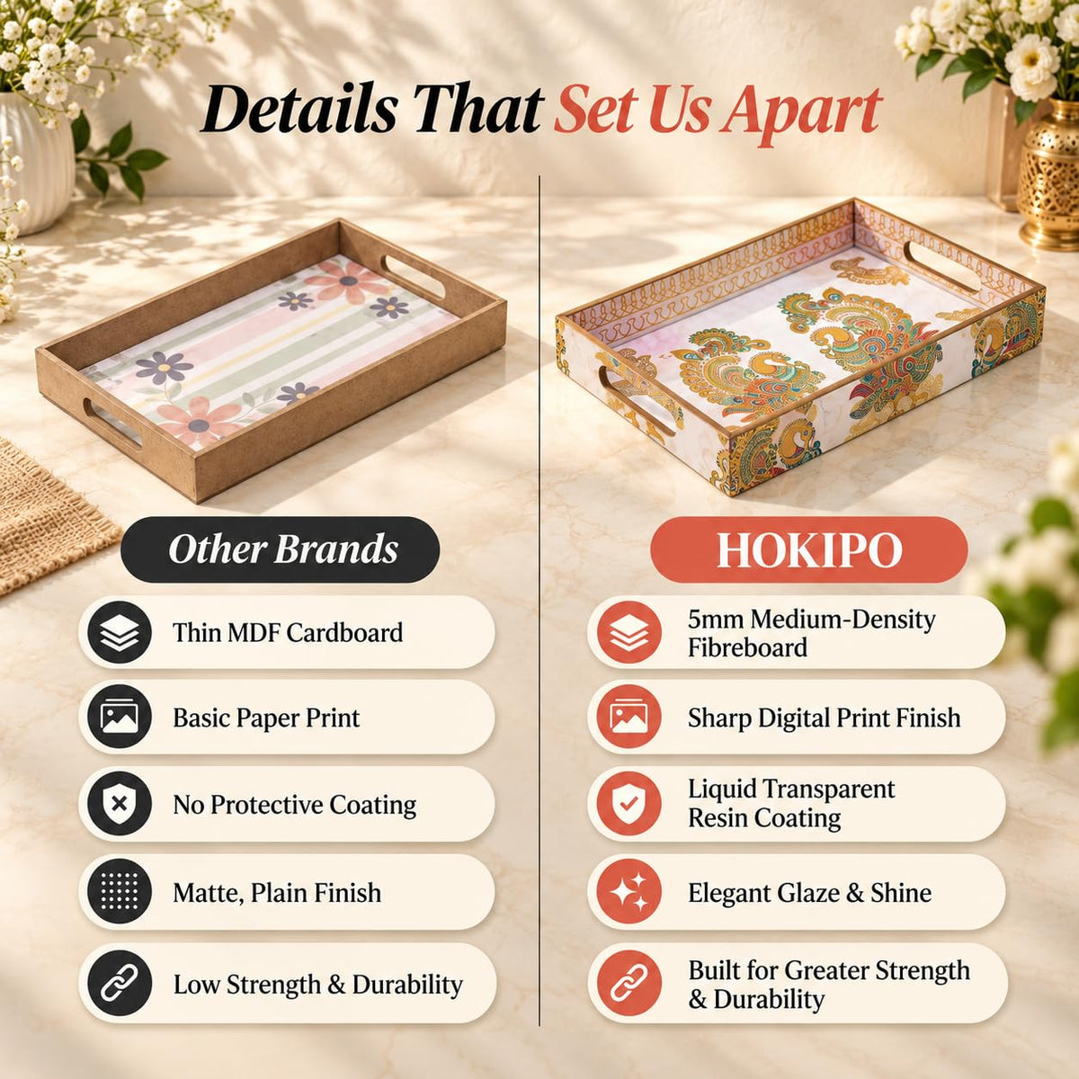 HOKIPO Serving Tray Set of 3, Engineered Wood, Mayur Mahal - image 4