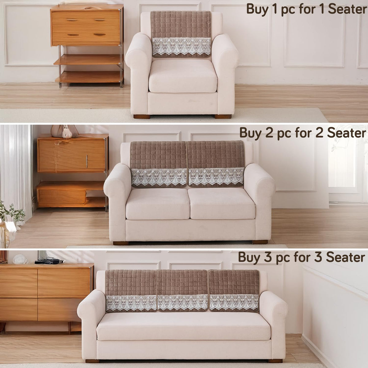 BelleLace Series Premium Imperial Milk Velvet Sofa Cover Mat with Lace Design -  Mocha Brown
