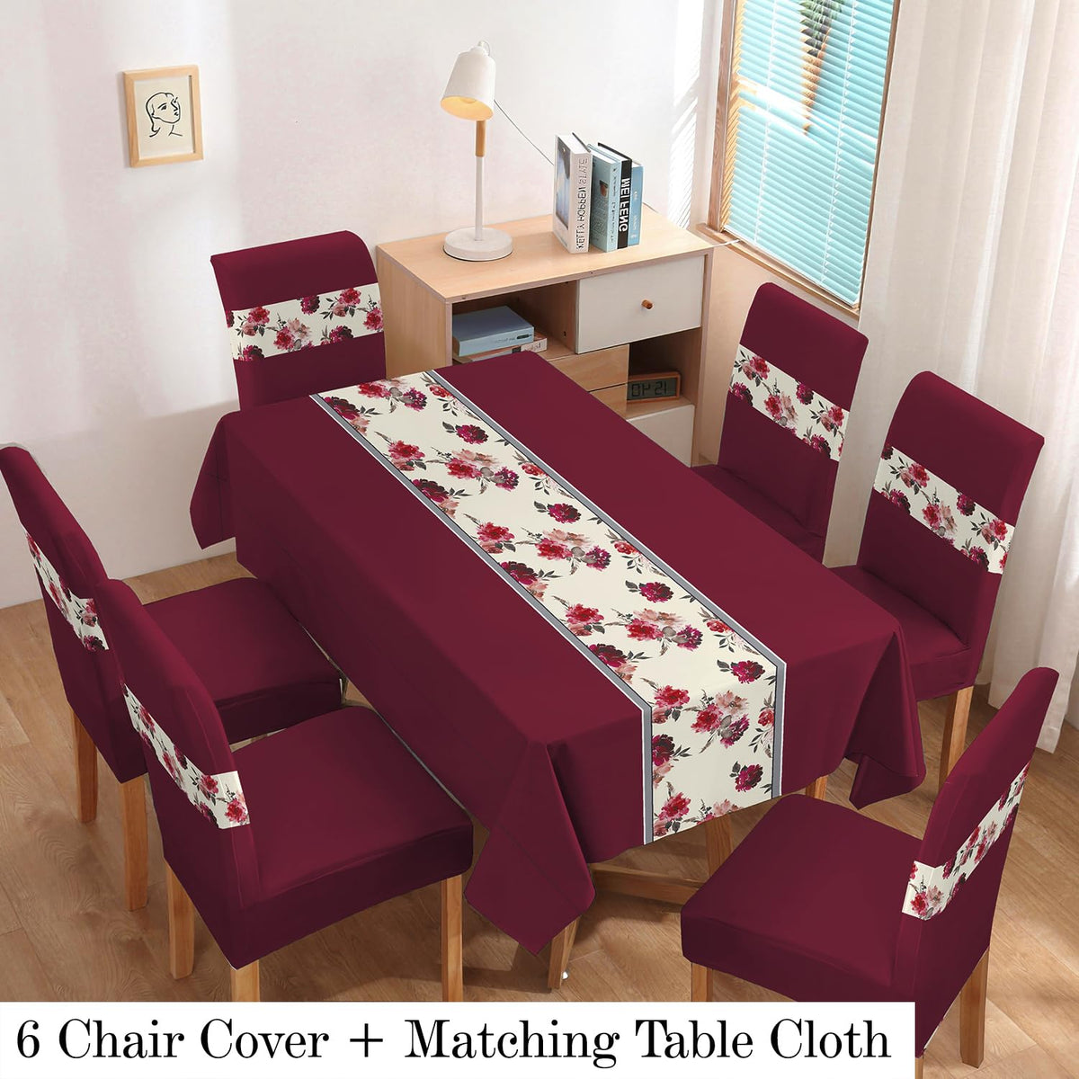 Polyester Dining Chair Covers Set of 4/6 with Matching Tablecloth, Floral Wine