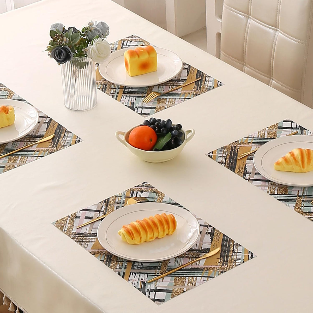 Marble Fusion PVC Mats for Dining Table, Crosshatch - Mustard Gold