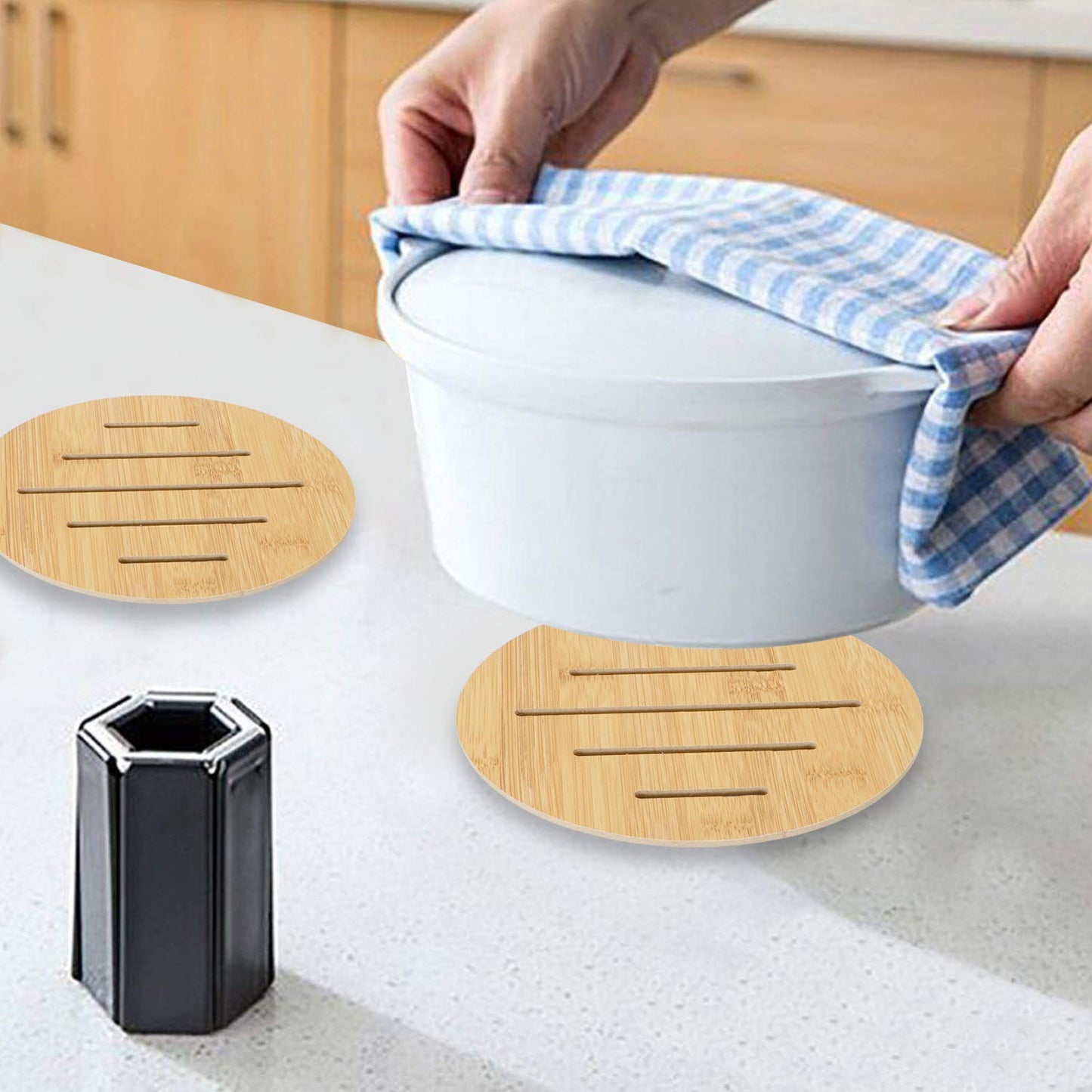 HOKIPO Eco-Friendly Extra Thick Bamboo Wooden Coasters for Dining Table Heat Pad for Kitchen - Pack of 2/4/6