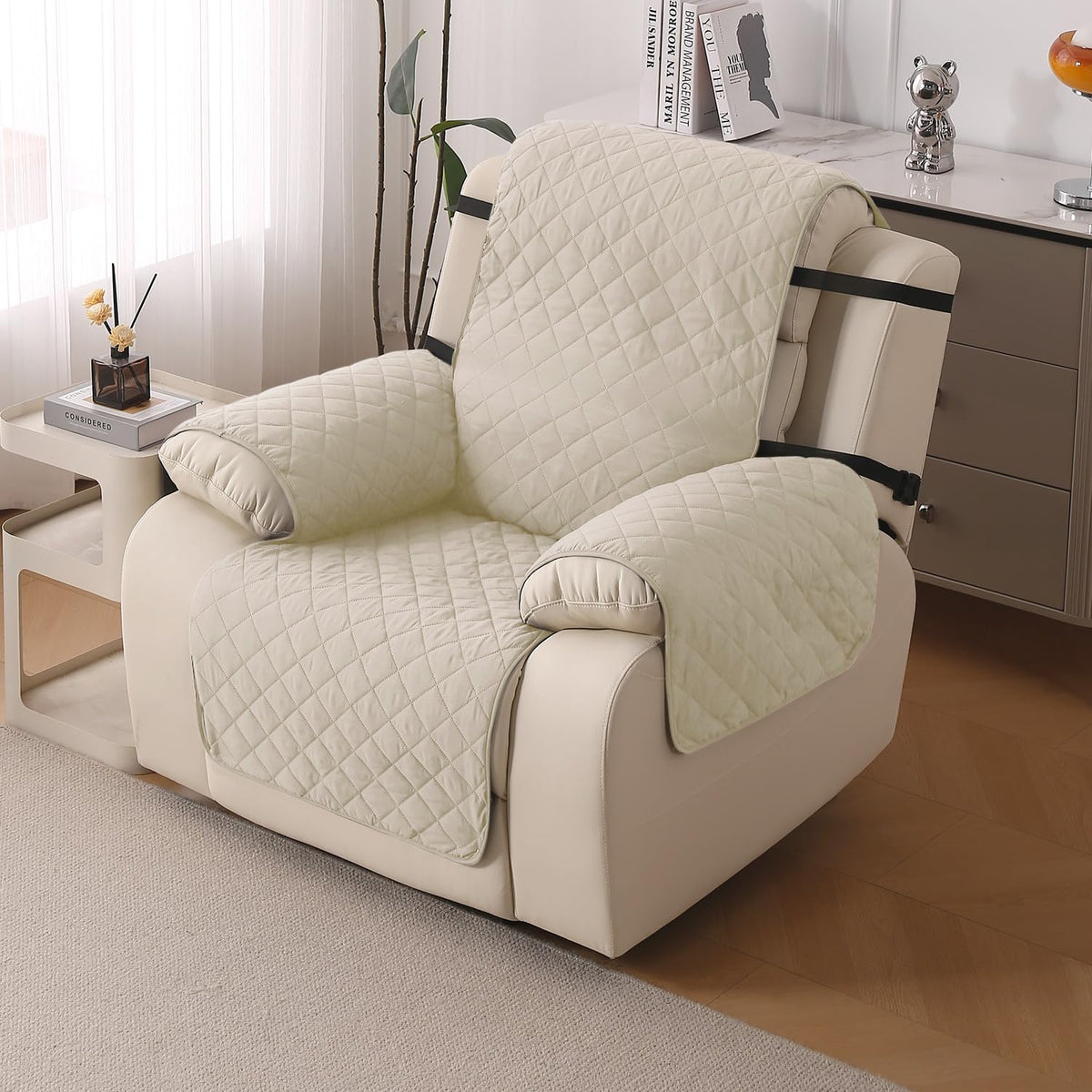 UrbanQuilt Recliner Sofa Slipcover Mat with Dual Belt for 1/2/3 Seater - Cream