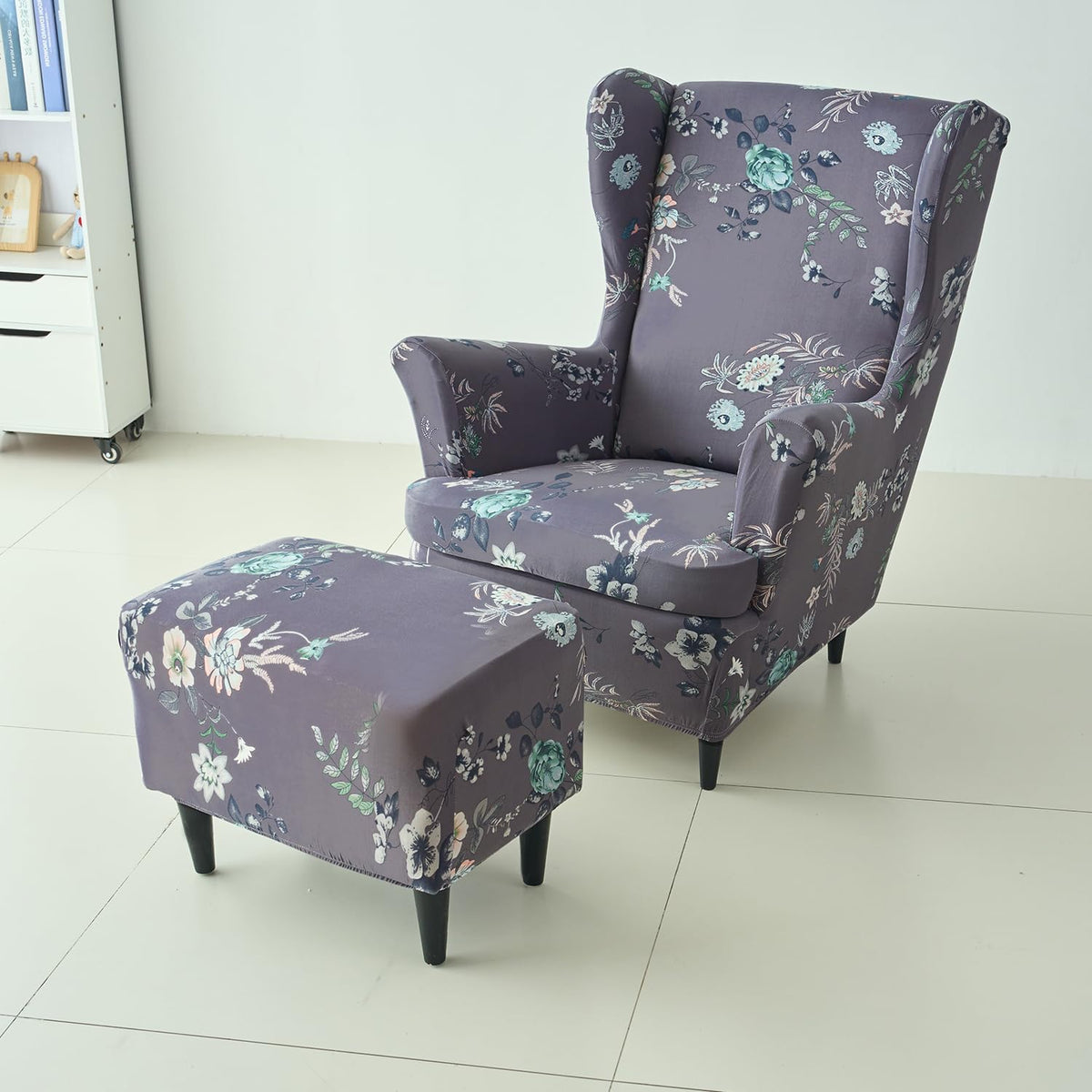 Buy Bentonite Grey Budding Florals Stretchable Wingback Chair & Footstool Cover