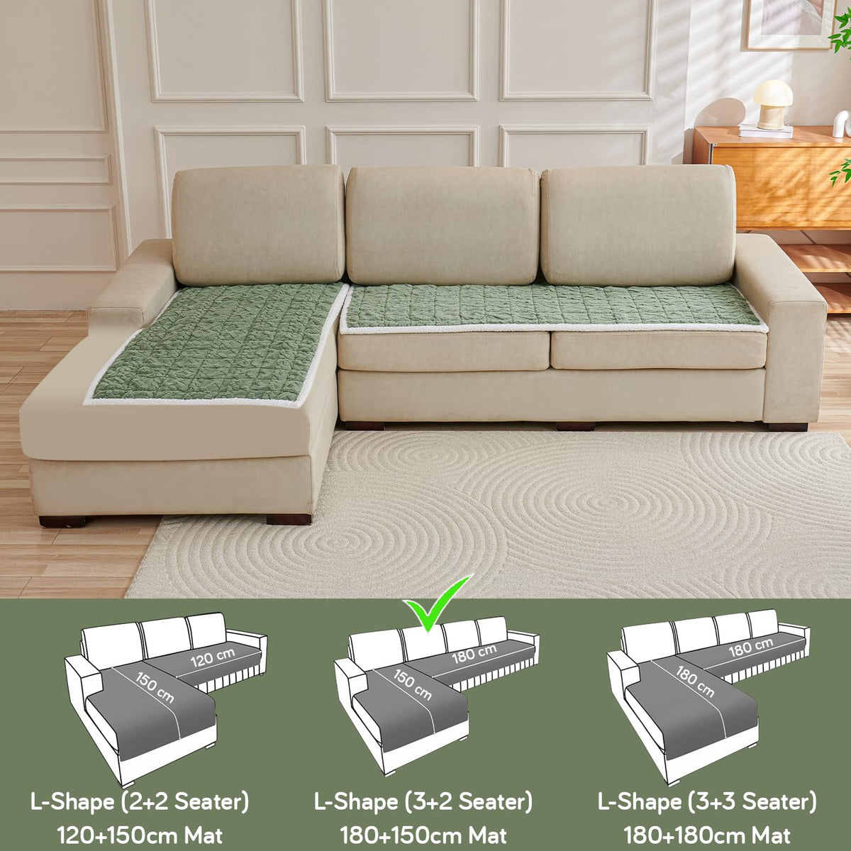 Italian Caelora Luxury Jacquard Plush L Shape Sofa Cover Seat Mat - Sage Green