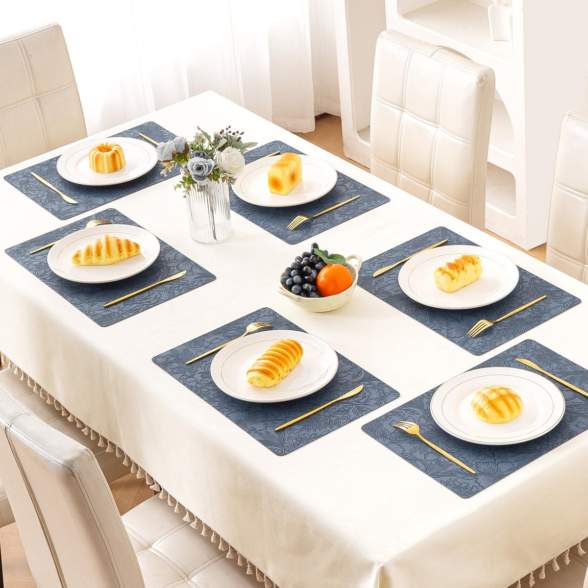 Hibiscus Bloom Washable Leather Mats for Dining Table - Navy Blue