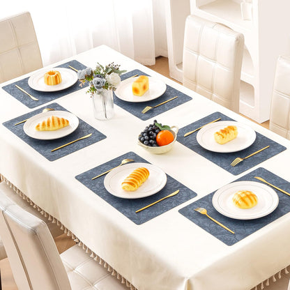 Hibiscus Bloom Washable Leather Mats for Dining Table - Navy Blue