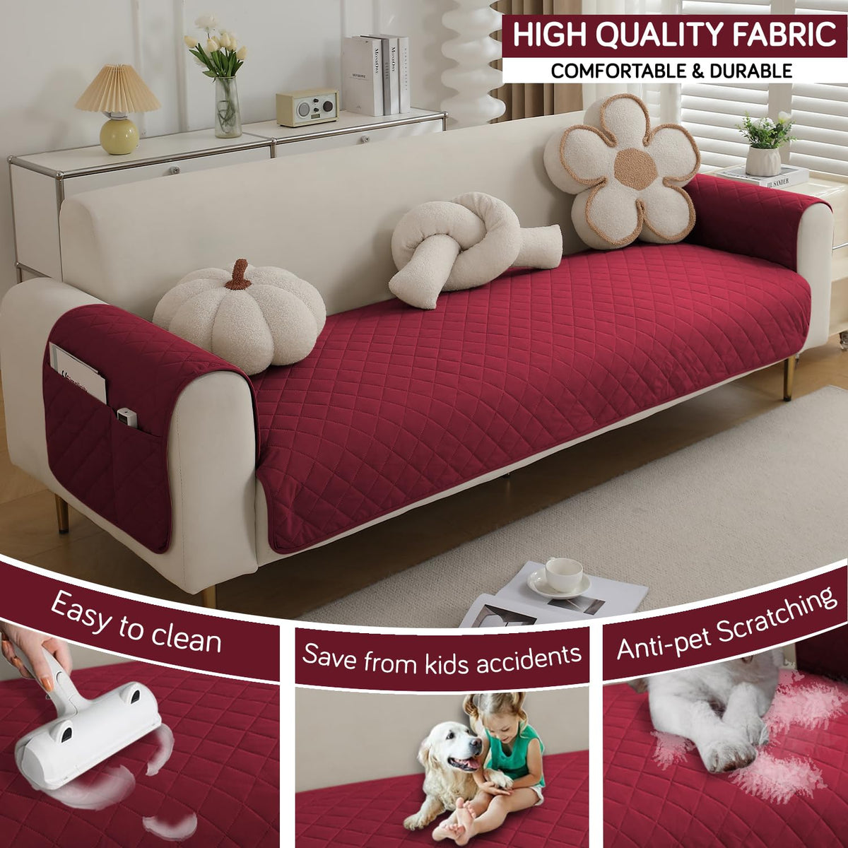 Quilted Waterproof Sofa Seat Mat for 1/2/3 Seater Sofa with 2 Armrest Covers with Pockets, Maroon