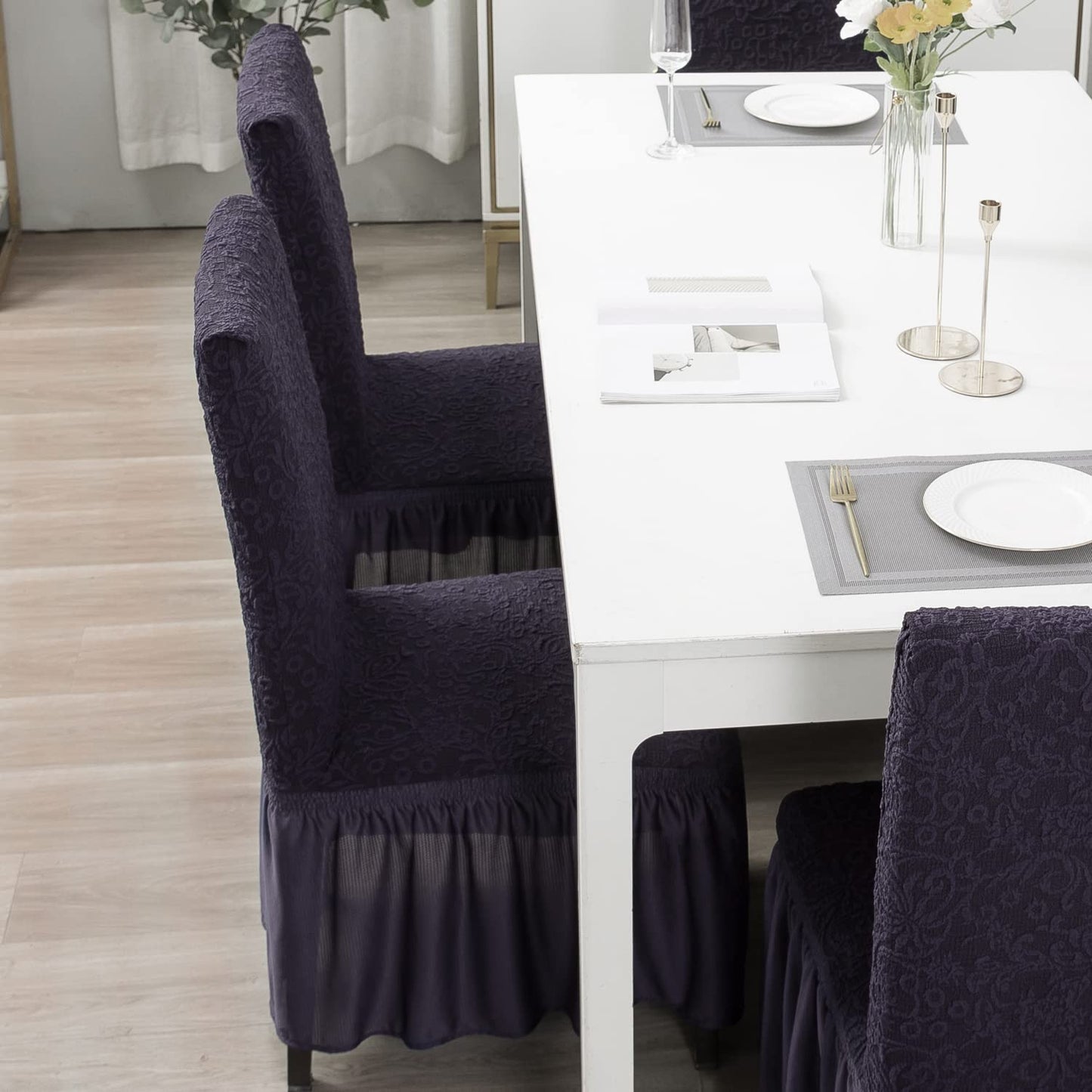 Elastic Stretchable Designer Woven Jacquard Dining Chair Cover with Frill, Abbey Grey