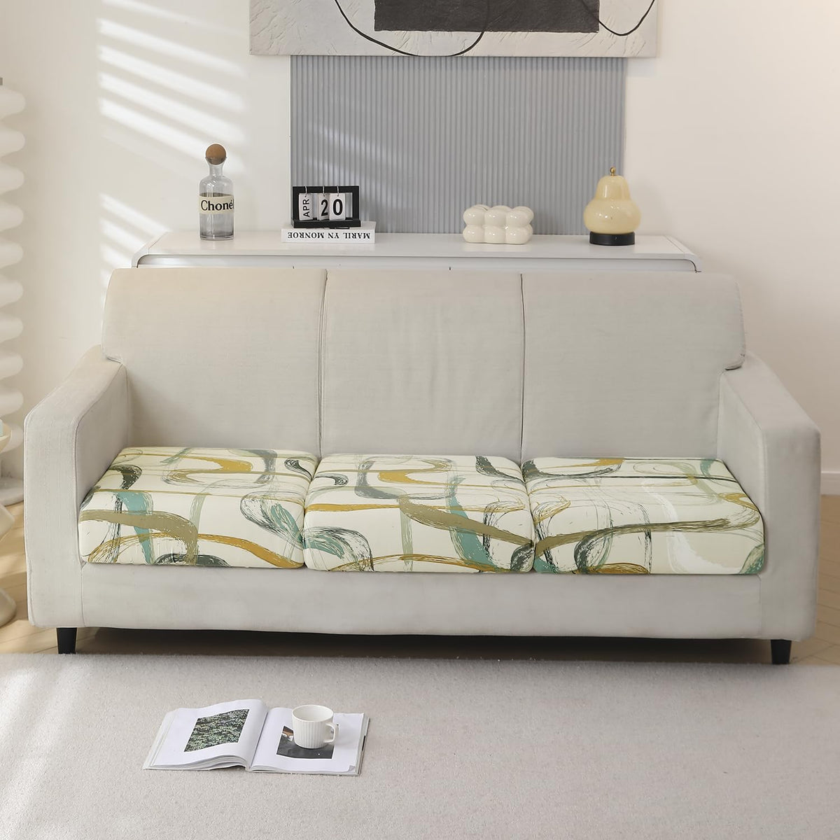 140 GSM Stretchable Printed Elastic Sofa Cushion Seat Cover for 1 /2 /3 Seaters / Pieces for Sofa, Parchement Beige Abstract Art