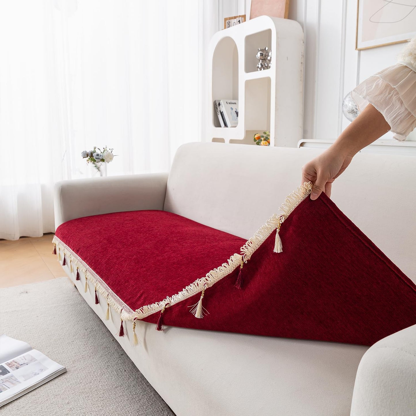 Serenity Tassel Chenille Sofa Cover with Tassel – Crimson Ruby