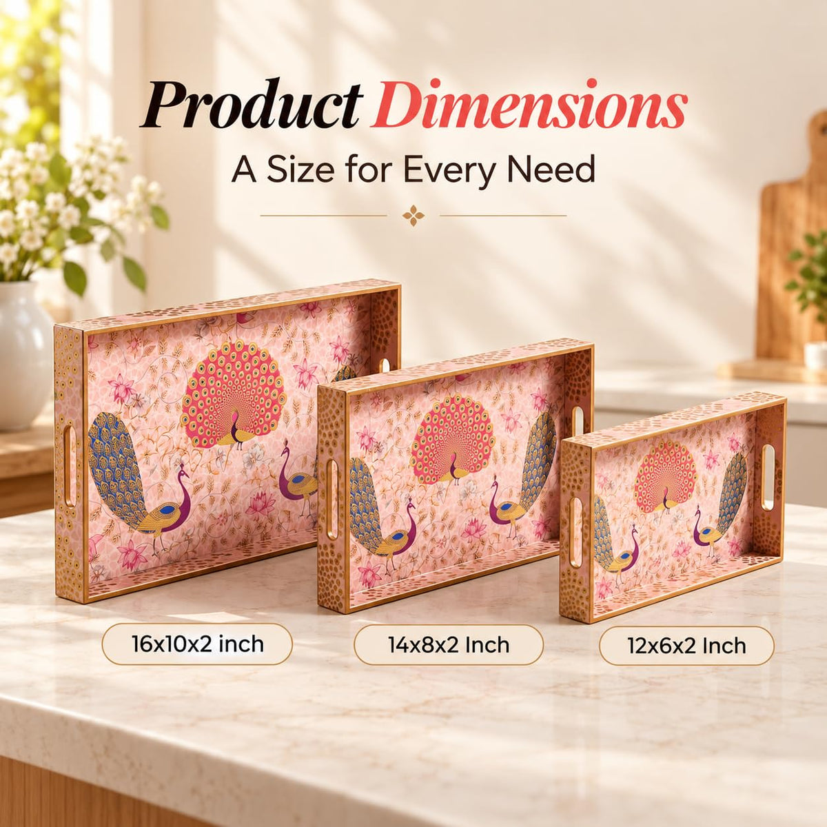 HOKIPO Serving Tray Set of 3, Engineered Wood, Gulabi Mayurvan - image 6