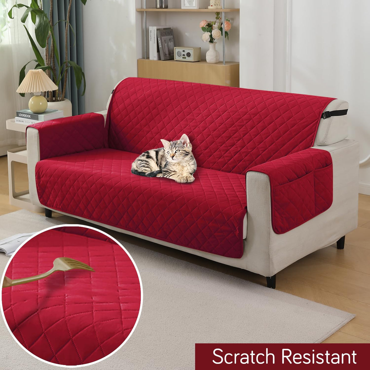 Red colour three seater quilted waterproof sofa mat | Hokipo
