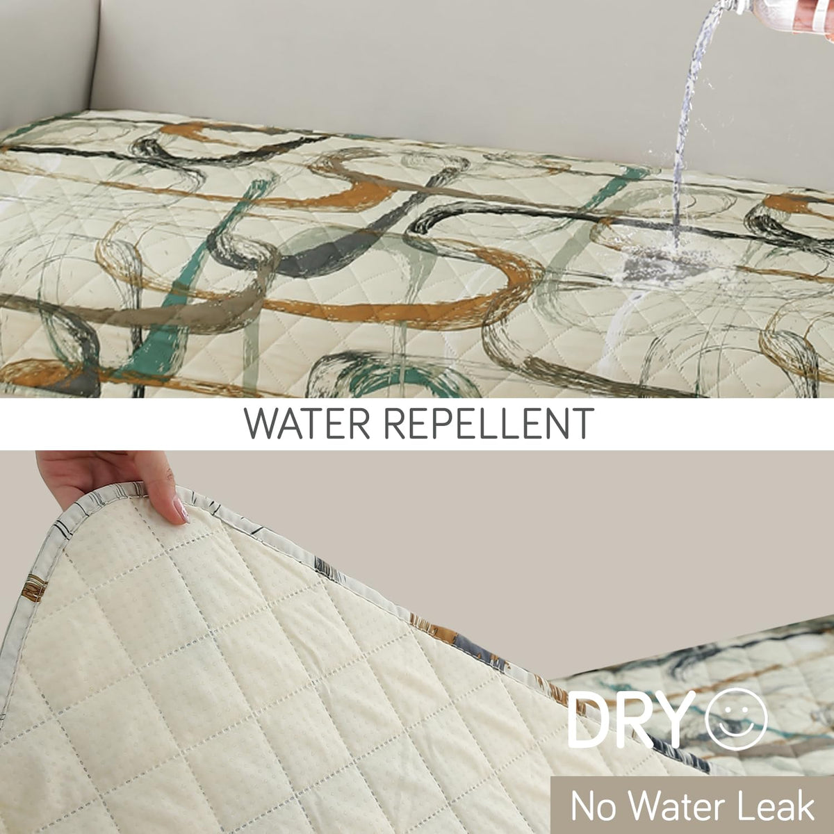 Waterproof Printed Quilted Quick Dry L Shape Sofa Seat Cover Mat, Parchement Beige Abstract Art