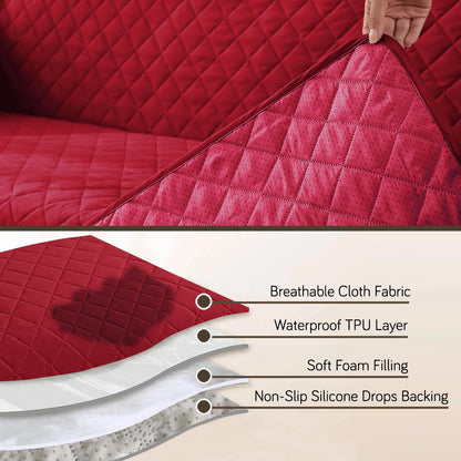 Quilted Waterproof Sofa Cover Mat with Pockets on Armrest Cover - Red