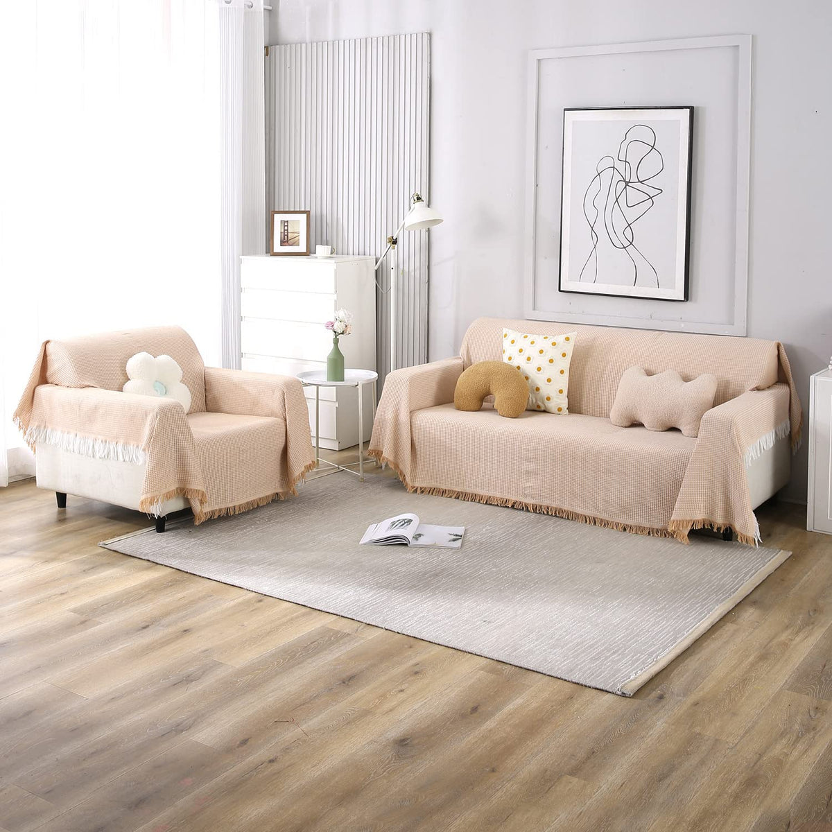 3+1 seater peach colour polycotton sofa throw set 
