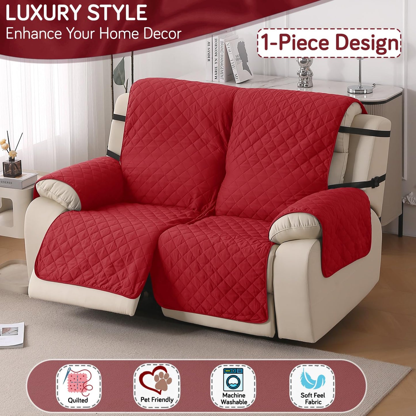UrbanQuilt Recliner Sofa Slipcover Mat with Dual Belt for 1/2/3 Seater - Scarlet Red