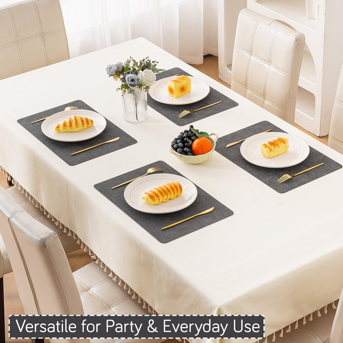 Modern Weaves Royal Luxe Faux Leather Mats for Dining Table - Charcoal Grey
