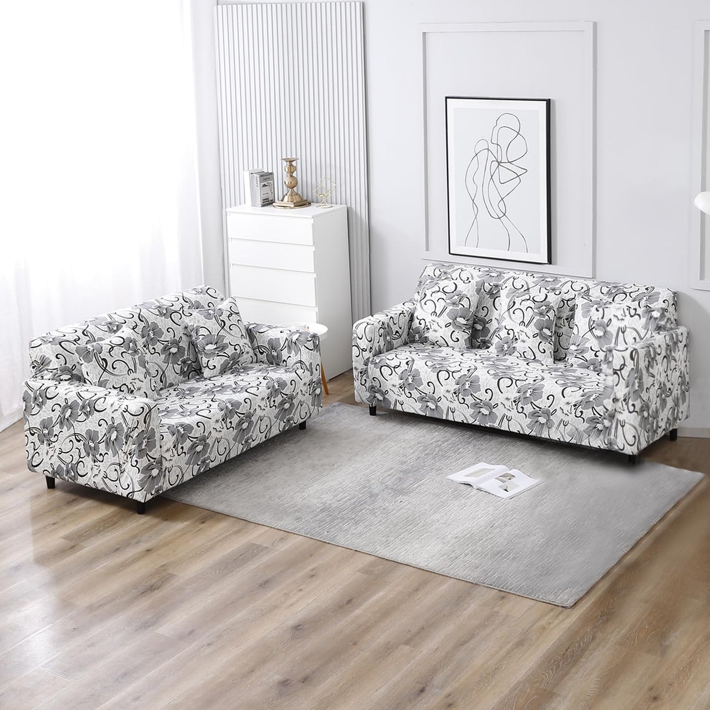 White Grey Flowers Printed elastic sofa cover 3 2 seater​ sofas