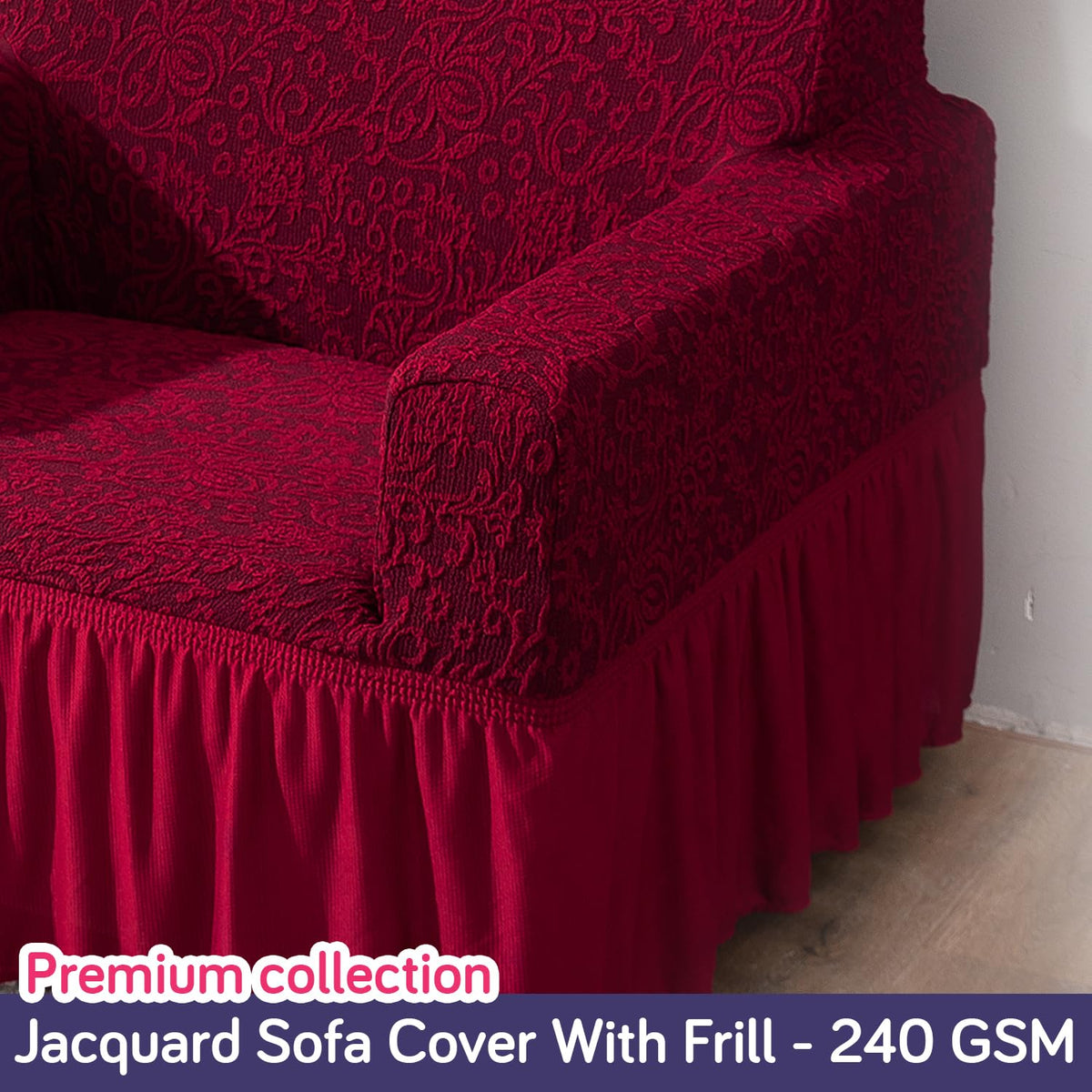 Elastic Stretchable Designer Woven Jacquard Sofa Cover with Frill, Wine Red